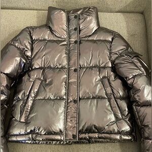 Aqua Metallic Cropped Puffer Jacket, Size Med